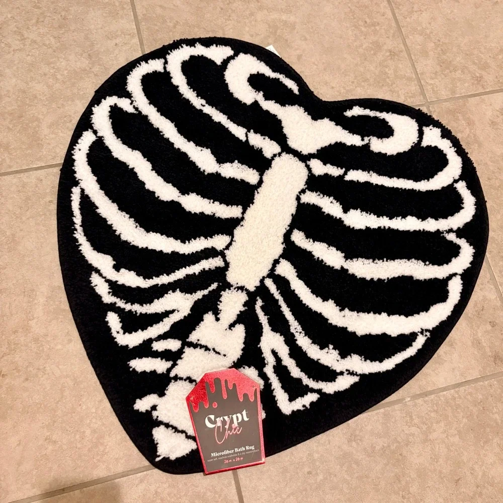 Crypt Chic Skeleton Heart Microfiber Bath Rug Black White Gothic Halloween